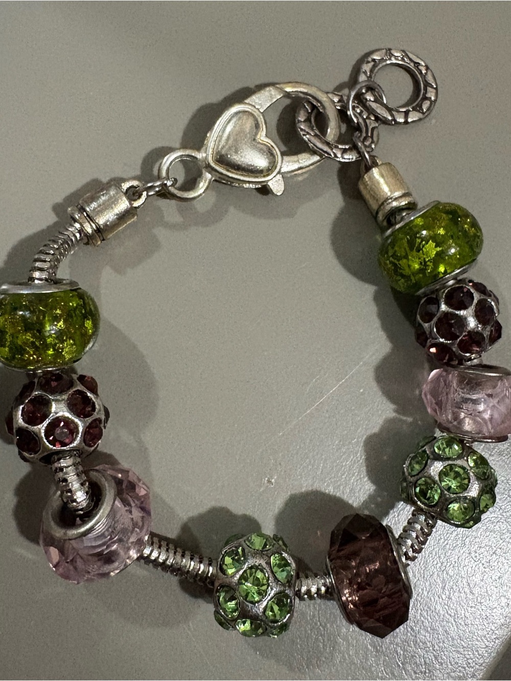 Silver tone Charm Bracelet with Green and Pink Glass Beads